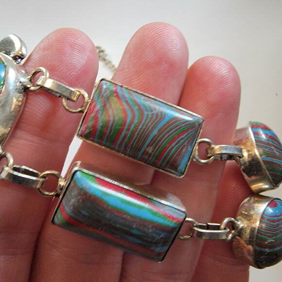 Handmade Sterling Silver Necklace Featuring Colorful Multi-Striped Polymer Stone - Picture 8 of 10
